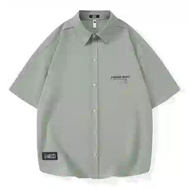 三体 问题印章系列 简约基础宽松纯色休闲字母印花翻领开衫美式复古高街潮牌时尚百搭舒适透气薄款多巴胺短袖衬衫 男女同款