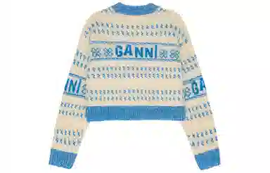 GANNI LAMBSWOOL CROPPED O-NECK PULLOVER STRONG BLUE