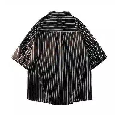 红蜻蜓 美式复古经典百搭休闲纯色条纹宽松短袖衬衫 男女同款