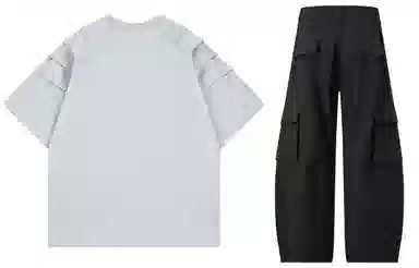 大卫贝肯 美式复古手写字母印花图案重磅双面棉多层次结构款多袋短袖山本斜弯刀褶皱伞兵裤休闲运动套装 男女同款