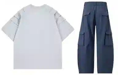 大卫贝肯 美式复古手写字母印花图案重磅双面棉多层次结构款多袋短袖山本斜弯刀褶皱伞兵裤休闲运动套装 男女同款