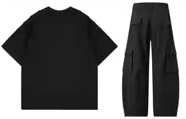 大卫贝肯 美式复古手写字母印花图案重磅双面棉多层次结构款多袋短袖山本斜弯刀褶皱伞兵裤休闲运动套装 男女同款