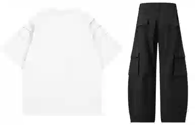 大卫贝肯 美式复古手写字母印花图案重磅双面棉多层次结构款多袋短袖山本斜弯刀褶皱伞兵裤休闲运动套装 男女同款