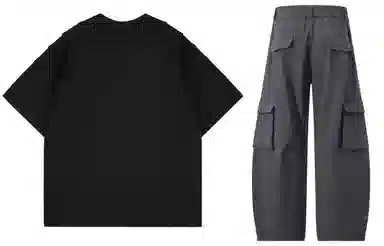 大卫贝肯 美式复古手写字母印花图案重磅双面棉多层次结构款多袋短袖山本斜弯刀褶皱伞兵裤休闲运动套装 男女同款