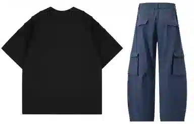 大卫贝肯 美式复古手写字母印花图案重磅双面棉多层次结构款多袋短袖山本斜弯刀褶皱伞兵裤休闲运动套装 男女同款