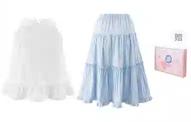 东鲸岁时记 甜美清新海边度假风挂脖拉链裙装套装 女款 礼盒装 白上衣+蓝色下裙（含内衬）