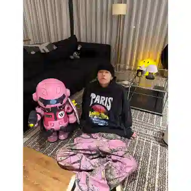 寻星记 美式高街粉色树枝涂鸦印花宽松直筒长裤牛仔裤 男女同款