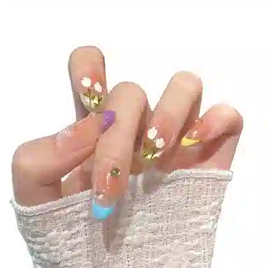 韵月乔 春夏手绘油画郁金香  穿戴甲 椭圆马卡龙色裸色 可爱