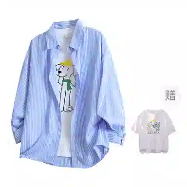 快鱼 美式复古高街风简约基础款翻领落肩袖古典条纹薄款单排扣潮流时尚宽松长袖衬衫 男女同款 浅蓝条
