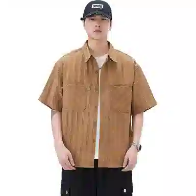 赞仕 美式复古高街口袋纯色潮流短袖衬衫 男款