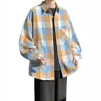 轻迎 港风宽松磨毛格子长袖衬衫 男款