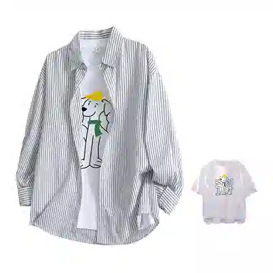快鱼 美式复古高街风简约基础款翻领落肩袖古典条纹薄款单排扣潮流时尚宽松长袖衬衫 男女同款 浅蓝条