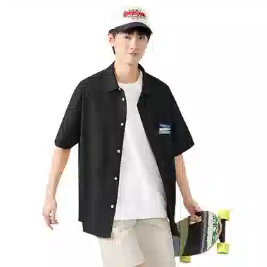 棉致 标签印花休闲宽松简约轻薄垂感百搭通勤舒适柔软短袖衬衫 男女同款