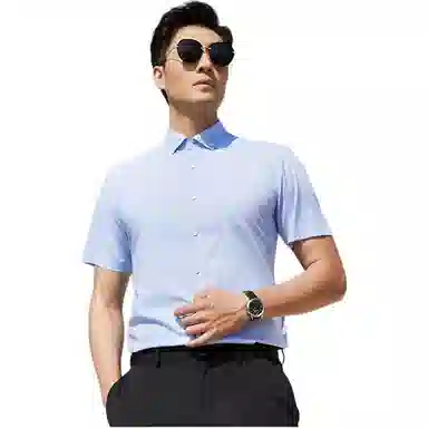 才子 纯色修身翻领短袖衬衫 男款