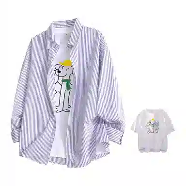 快鱼 美式复古高街风简约基础款翻领落肩袖古典条纹薄款单排扣潮流时尚宽松长袖衬衫 男女同款 浅蓝条