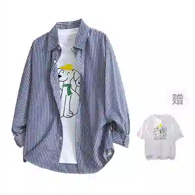 快鱼 美式复古高街风简约基础款翻领落肩袖古典条纹薄款单排扣潮流时尚宽松长袖衬衫 男女同款 浅蓝条