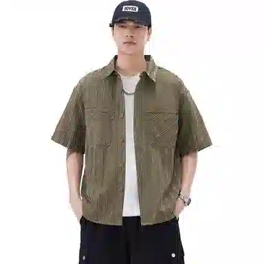 赞仕 美式复古高街口袋纯色潮流短袖衬衫 男款