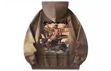 冰飞 美式复古嘻哈街头个性灵感创意撕裂感西方人物油画图案印花宽松休闲高级感水洗做旧上衣服重磅时尚百搭连帽卫衣 男女同款