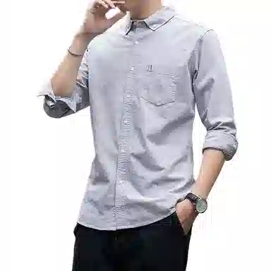 北极绒 纯色修身休闲方领单排扣长袖衬衫 男款