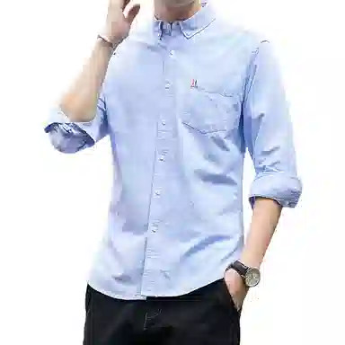 北极绒 纯色修身休闲方领单排扣长袖衬衫 男款