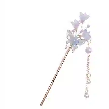 【愿君福叠】 指尖瑰宝 彩蝶翩翩蝴蝶花朵发钗高级感珍珠流苏步摇新中式古风盘发发饰簪花优雅气质 镀银 发簪 女款