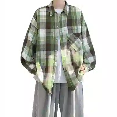 轻迎 港风宽松磨毛格子长袖衬衫 男款