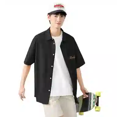 棉致 字母微笑休闲宽松基础简约轻薄滑爽垂感百搭通勤舒适柔软细腻短袖衬衫 男女同款