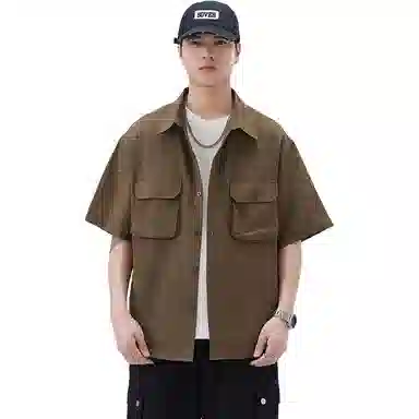 赞仕 日系胸前口袋设计感休闲短袖衬衫 男款