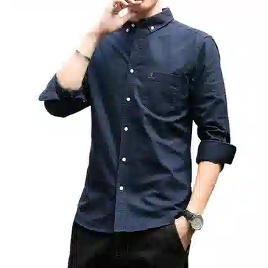 北极绒 纯色修身休闲方领单排扣长袖衬衫 男款