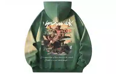 冰飞 美式复古嘻哈街头个性灵感创意撕裂感西方人物油画图案印花宽松休闲高级感水洗做旧上衣服重磅时尚百搭连帽卫衣 男女同款