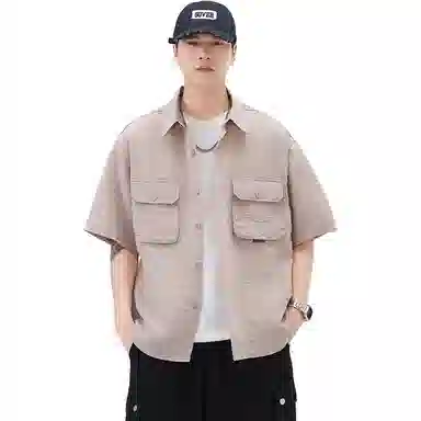 赞仕 日系胸前口袋设计感休闲短袖衬衫 男款
