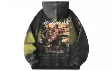 冰飞 美式复古嘻哈街头个性灵感创意撕裂感西方人物油画图案印花宽松休闲高级感水洗做旧上衣服重磅时尚百搭连帽卫衣 男女同款