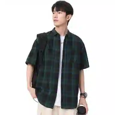 袋鼠 美式复古简约基础百搭宽松休闲拼接撞色慵懒格子格纹短袖衬衫 男女同款