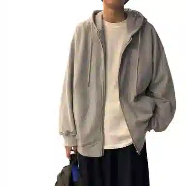 玉儿恋 纯色连帽落肩宽松开衫拉链休闲卫衣 男款