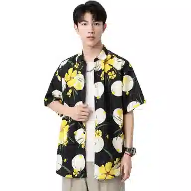 袋鼠 国风夏威夷满印花卉宽松休闲短袖衬衫 男女同款