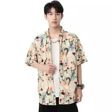 袋鼠 国风夏威夷满印花卉宽松休闲短袖衬衫 男女同款