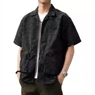 贵色 高端日系复古云染设计个性口袋短袖户外口袋个性扎染衬衫 男女同款