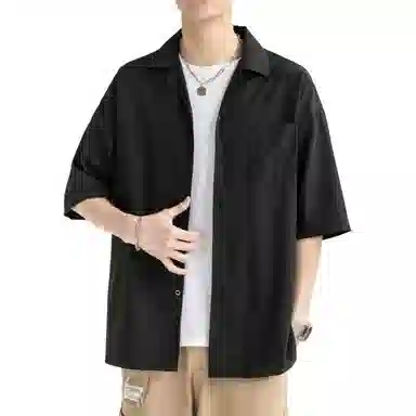 袋鼠 美式复古基础款简约纯色宽松休闲单排扣轻薄透气凉感翻领短袖衬衫 男女同款