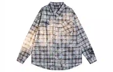 王者荣耀 韩信款 美式复古扎染格子经典格纹翻领单排扣小衫休闲宽松简约百搭长袖衬衫 男女同款