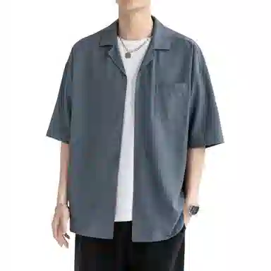 袋鼠 美式复古基础款简约纯色宽松休闲单排扣轻薄透气凉感翻领短袖衬衫 男女同款