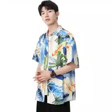 袋鼠 国风夏威夷满印花卉宽松休闲短袖衬衫 男女同款