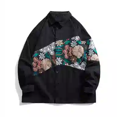 快鱼 中国风国潮刺绣拼接设计款潮牌港风舒适透气休闲宽松百搭长袖衬衫 男女同款