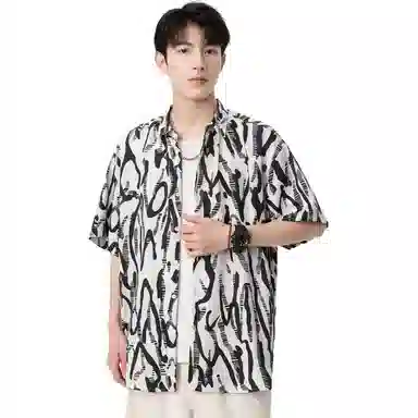 袋鼠 国风夏威夷满印花卉宽松休闲短袖衬衫 男女同款