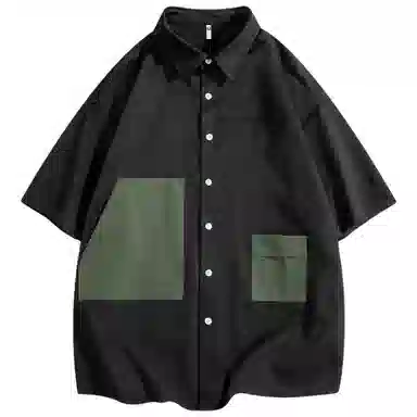 快鱼 美式拼接工装设计感潮牌时尚宽松休闲百搭短袖翻领衬衫 男女同款