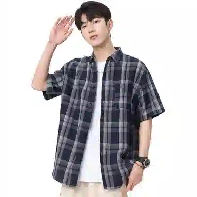 袋鼠 美式复古简约基础百搭宽松休闲拼接撞色慵懒格子格纹短袖衬衫 男女同款