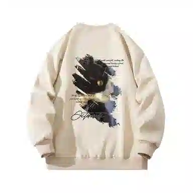 海底小纵队 美式复古猫英文品牌涂鸦印花重磅圆领落肩卫衣 男女同款