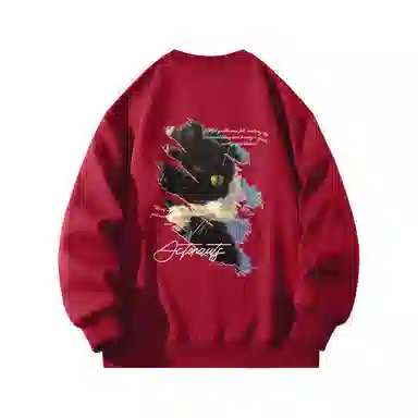 海底小纵队 美式复古猫英文品牌涂鸦印花重磅圆领落肩卫衣 男女同款