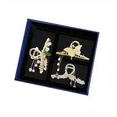 缔晶 森系时尚珍珠蝴蝶花朵流苏鲨鱼夹套装 清新浪漫春夏通勤发饰礼盒 合金 发夹 女款