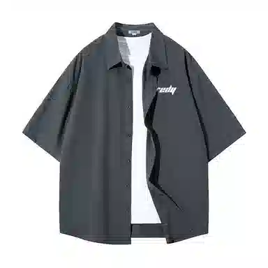 红蜻蜓 美式高街基础纯色复古简约字母宽松休闲落肩百搭经典短袖衬衫 男女同款