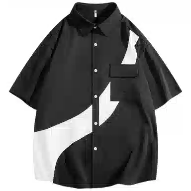 快鱼 韩版简约百搭潮流宽松时尚撞色休闲短袖翻领衬衫 男女同款
